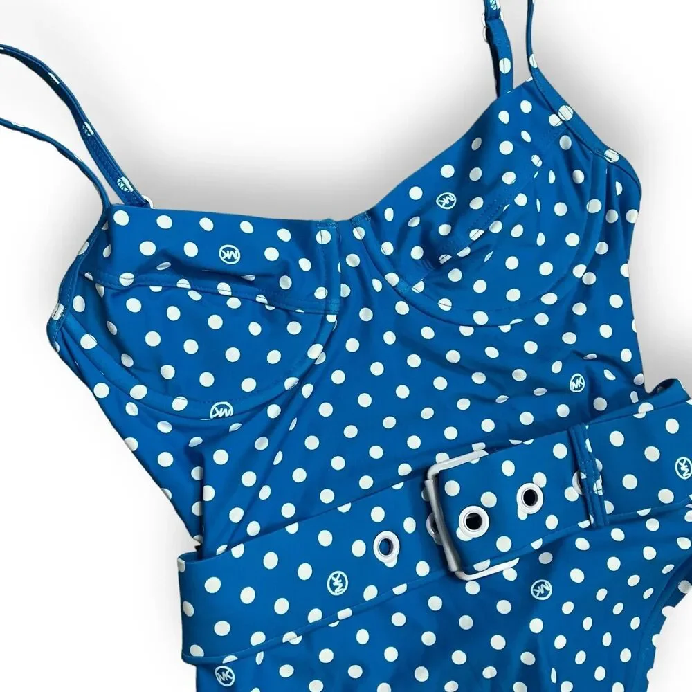 Michael Kors Swimsuit 6 Blue Polka Dot Belted Underwire One Piece Rockabilly Fun
